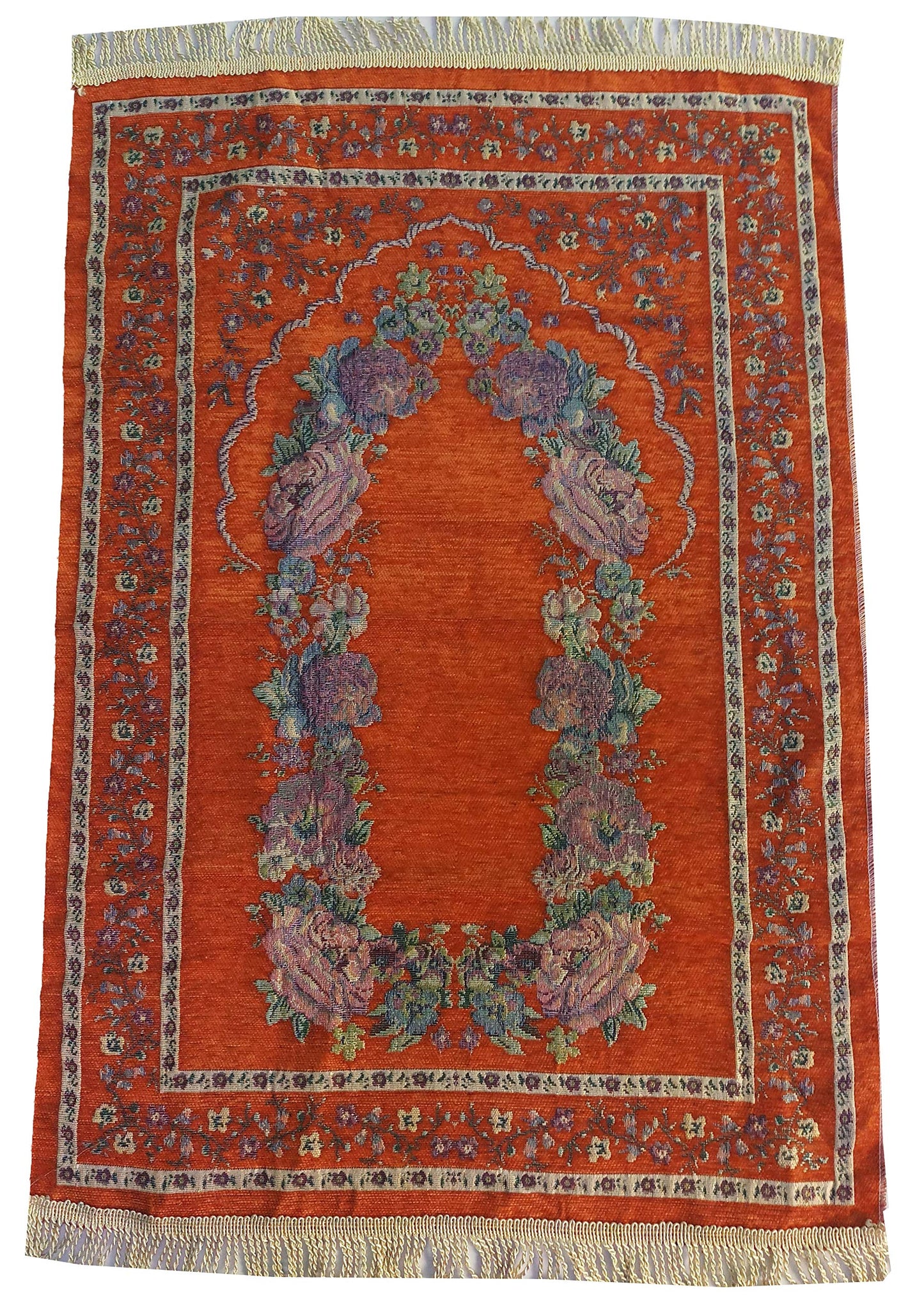 Islam Portable Sajadah Carpet Thin Prayer Mat Janamaz AMN-211 Floral Design Chenille Worship Blanket Travel Rug Namaz Area Muslim Gift (Orange)