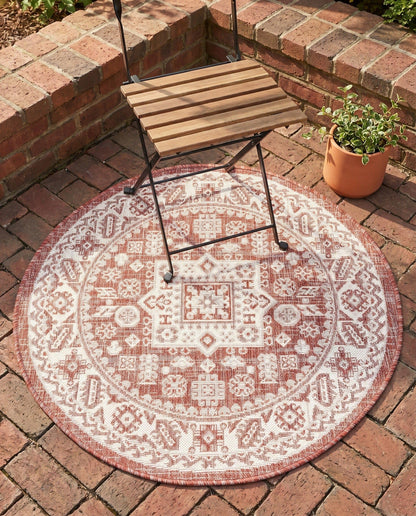 Rugs.com - Outdoor Aztec Rug – 3 Ft Round Rust Red Easy-Clean Indoor/Outdoor Rug – Weather Resistant for Patios, Decks, and Porches