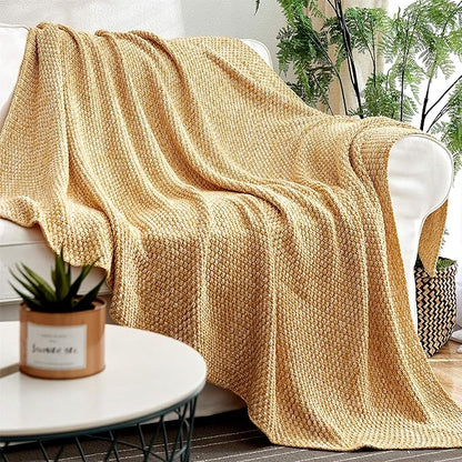 Longhui bedding Gold Knitted Throw Blanket for Couch, Soft, Cozy Machine Washable 100% Cotton Sofa Blanket, 60”x80”, Mustard Yellow and White, Laundry Bag Included
