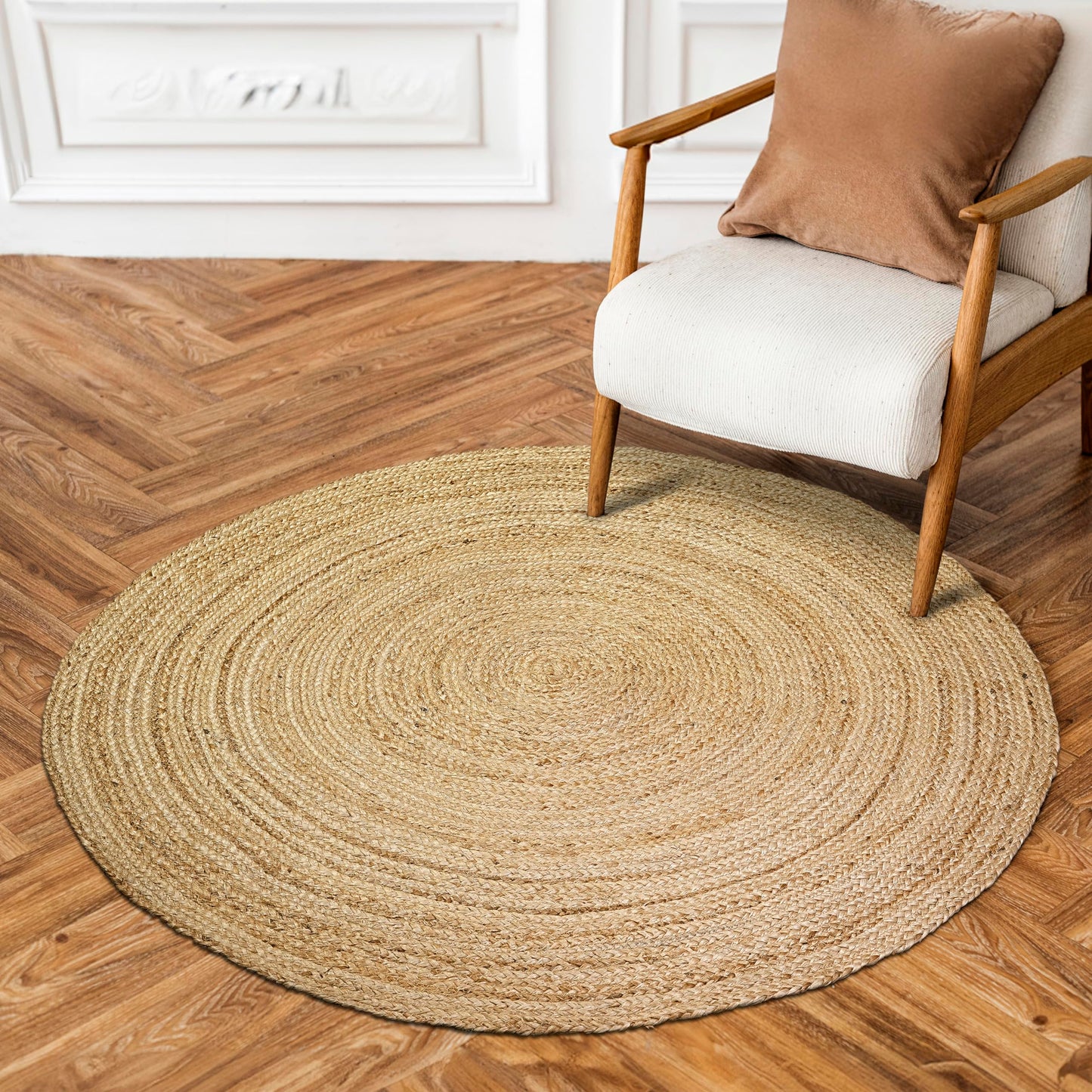 Hausattire Hand Woven Jute Braided Rug, 3’ Round – Natural, Reversible Boho Entry Area Rugs for Kitchen, Living Room I Farmhouse Decorative Floor Rug, 3 Feet Round