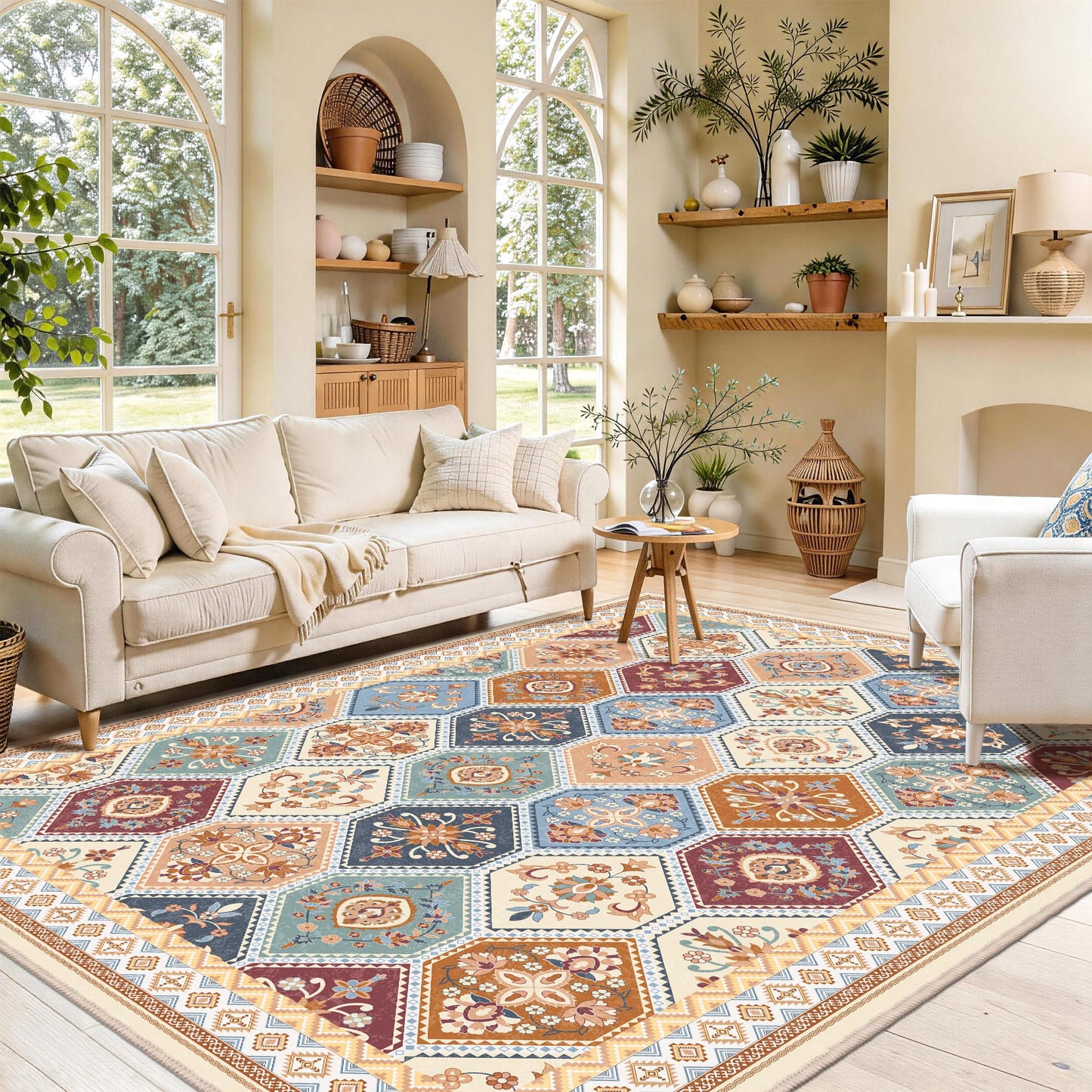 TTelephant Area Rugs 5x7, Washable Rugs for Living Room, Soft Non-Slip Boho Moroccan Rug, Low-Pile Printed Carpet for Bedroom, Dining Room, Playroom -Multi