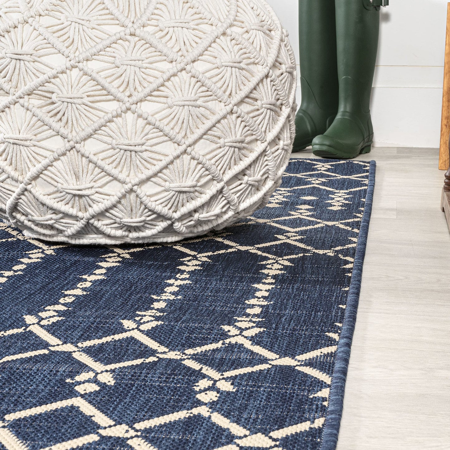 JONATHAN Y Moroccan Geometric Indoor Outdoor Runner Rug 2X8 Navy/Beige, Ourika Textured Weave for Backyard, Patio, Porch, Easy-Cleaning, High Traffic, Pet-Friendly, Non-Shedding (SMB108K-28)
