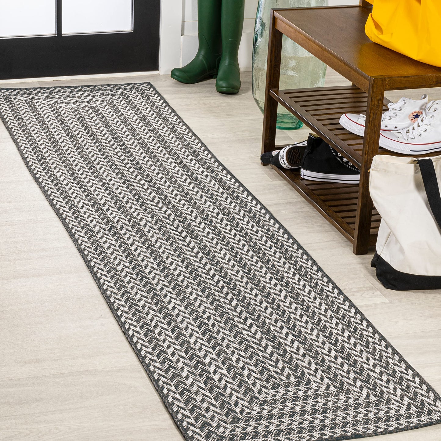 JONATHAN Y Concentric Squares Indoor Outdoor Runner Rug 2X8 Black/Light Gray, Chevron Modern for Backyard, Patio, Porch, Easy-Cleaning, High Traffic, Pet-Friendly, Non-Shedding (SMB206B-28)