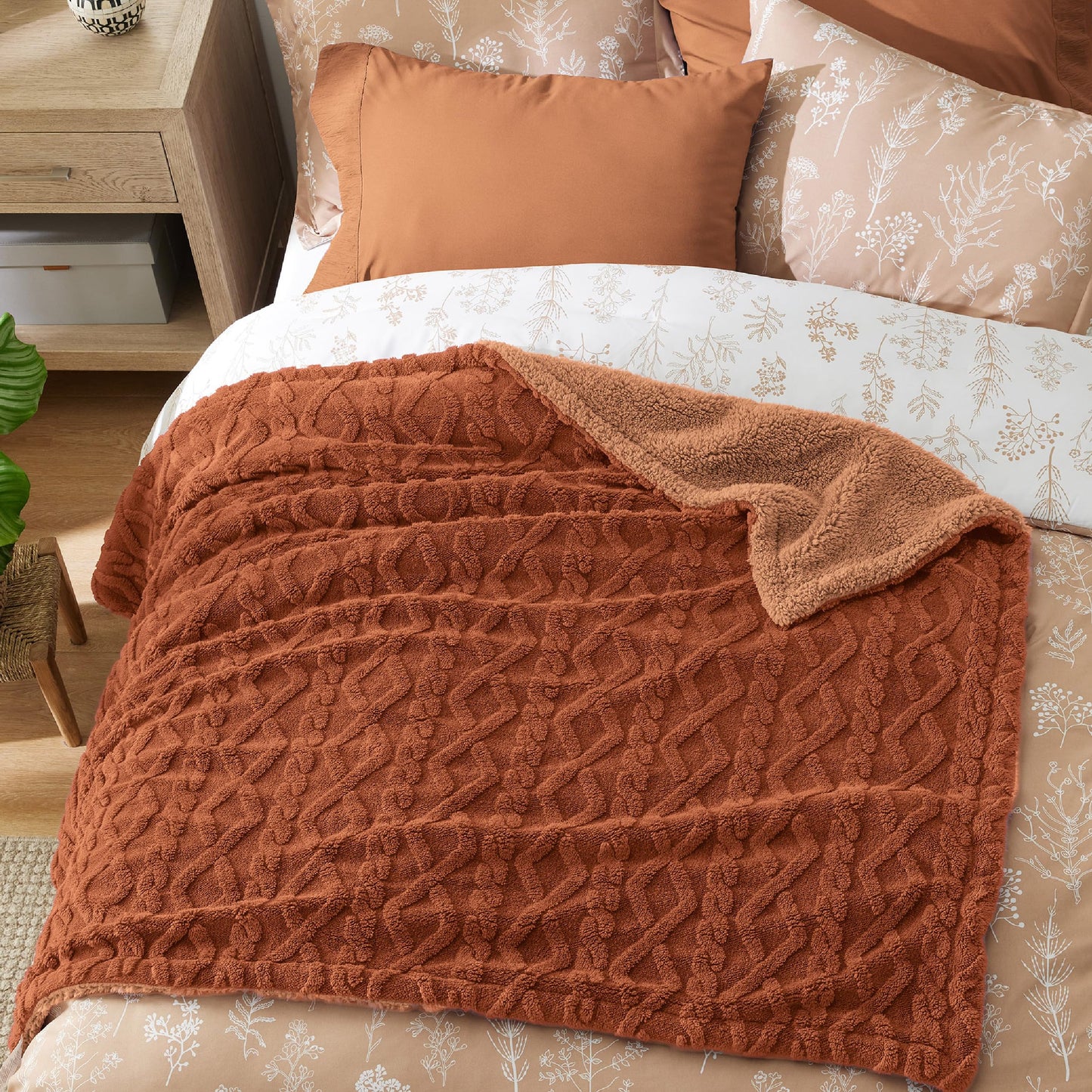 Bedsure Gentlesoft Sherpa Fleece Blanket Twin Size for Bed - Fluffy & Cozy Cable Jacquard Tufted for Women Gift, Thick and Warm Christmas Blanket for Winter, Orange, 60x80 Inches