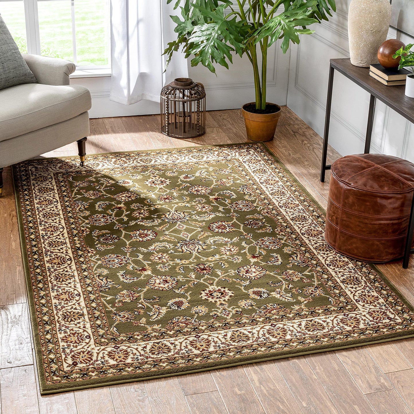 Well Woven Barclay Collection Sarouk Green 4x5 Area Rug - for Entryways, Small Bedrooms, Living Rooms