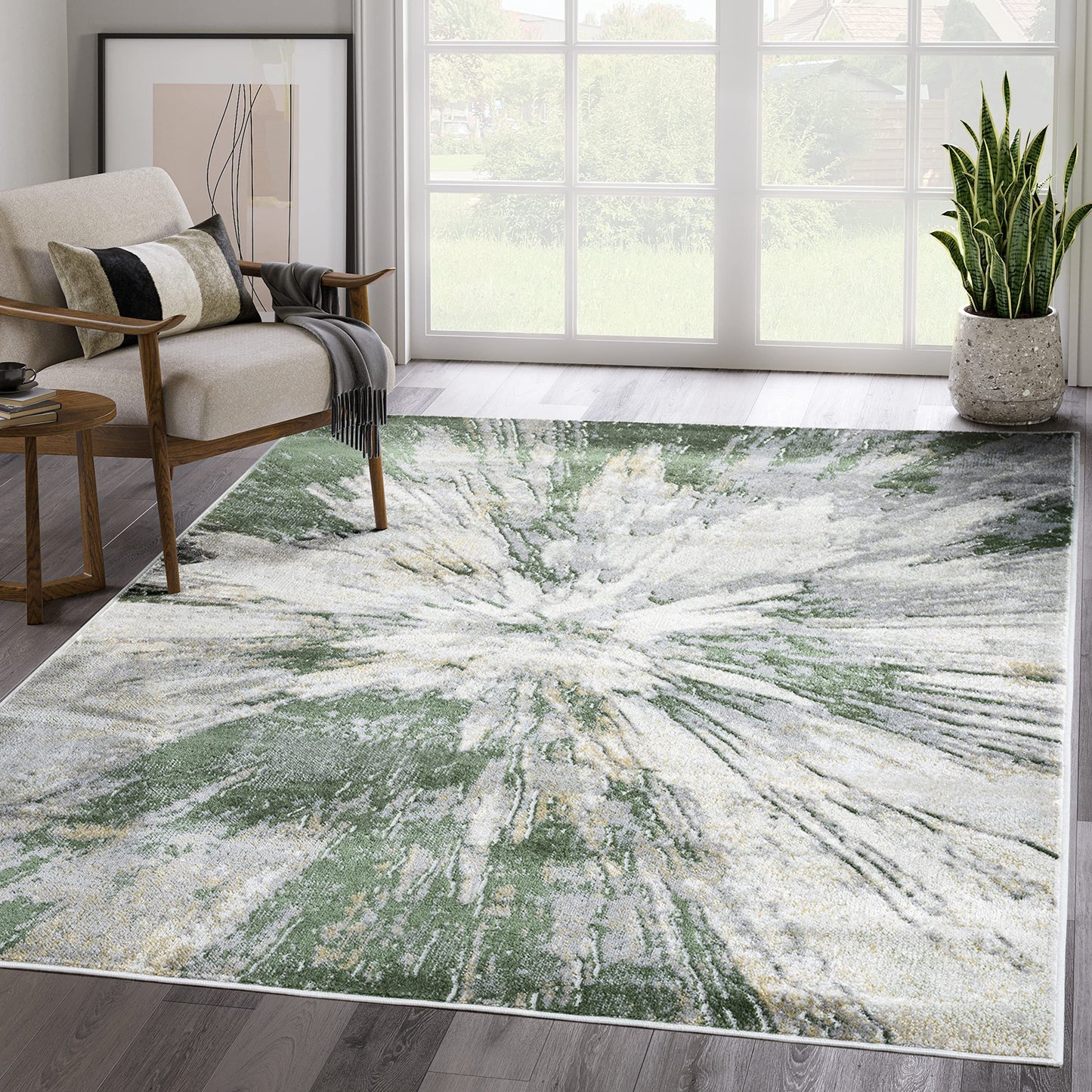 Abani Atlas 4'x6' Green/Grey Area Rug, Abstract Splash - Durable Non-Shedding - Easy to Clean