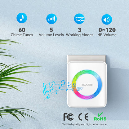 TECKNET Wireless Doorbell, Door Bell 0-120dB, 1300 ft Wireless Range, IP65 Waterproof Classroom Doorbells, 60 Chimes & 5 Volume Levels, RGB Light for Home Kid Room Office Hearing Impaired