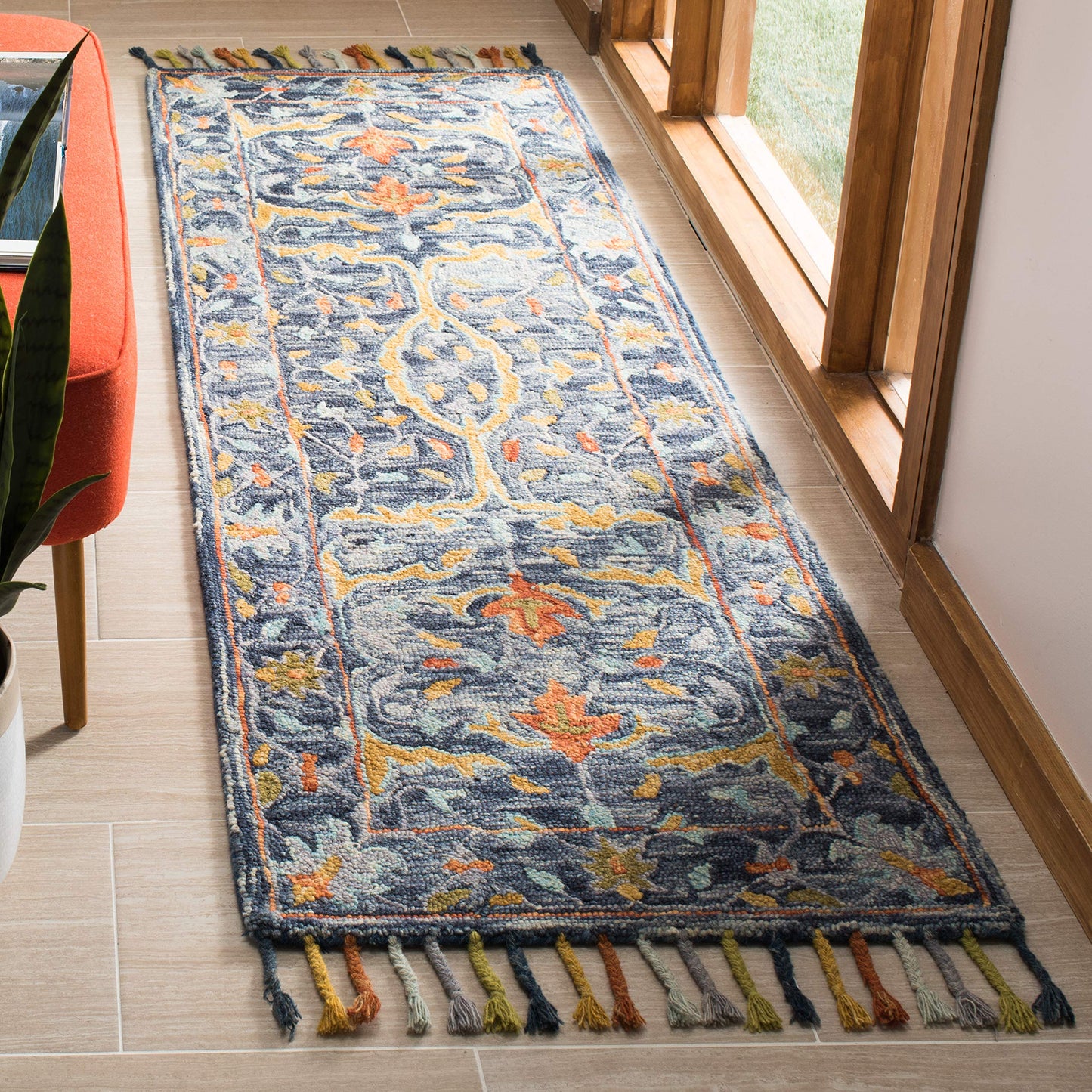 SAFAVIEH Aspen Collection Runner Rug - 2'3" x 7', Blue & Rust, Handmade Boho Braided Tassel Wool, Ideal for High Traffic Areas in Living Room, Bedroom (APN116M)