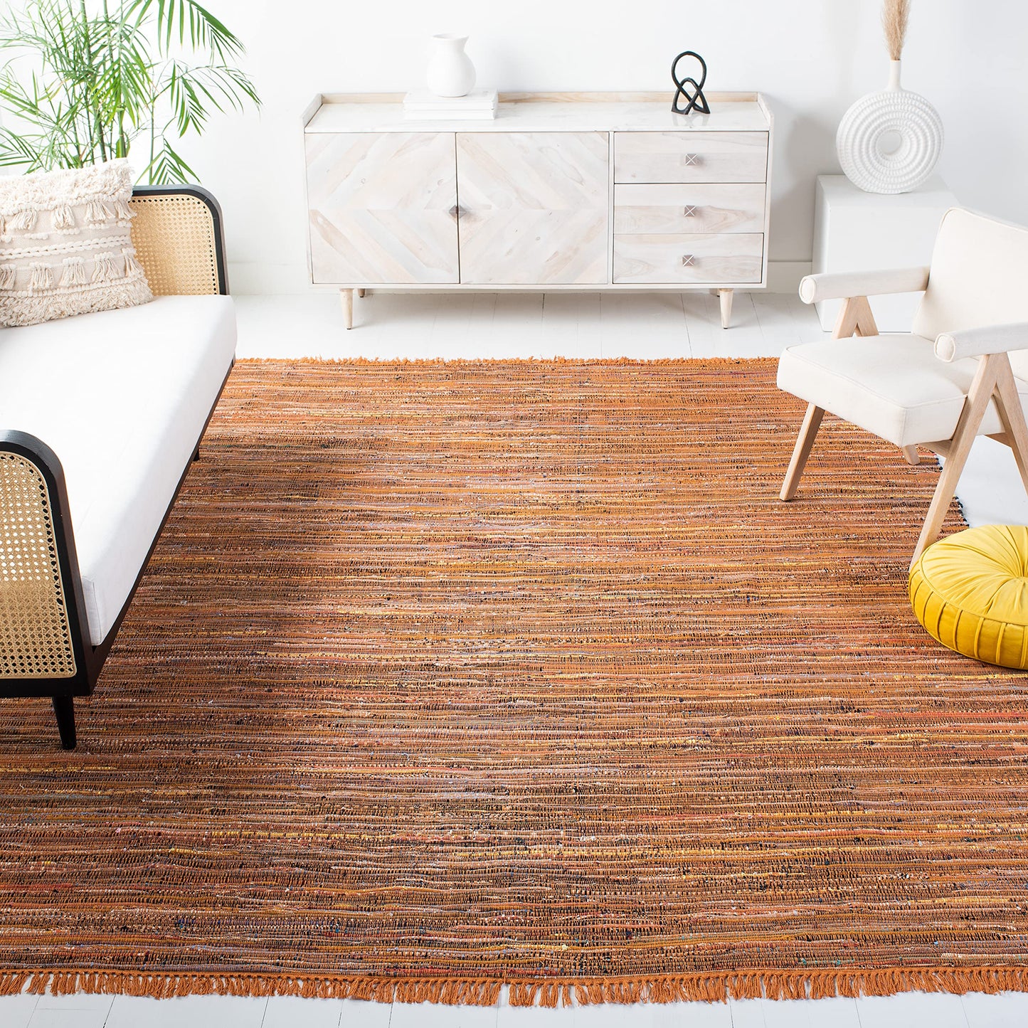 SAFAVIEH Rag Rug Collection Area Rug - 6' x 9', Gold & Multi, Handmade Boho Stripe Cotton, Ideal for High Traffic Areas in Living Room, Bedroom (RAR127N)