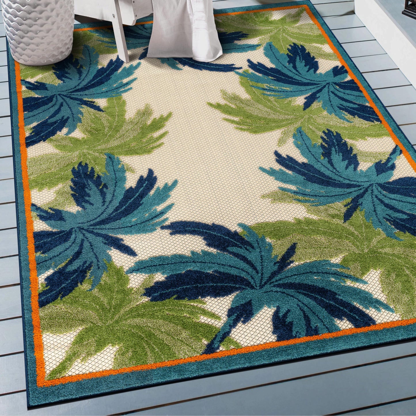 Rugshop Indoor/Outdoor High-Low Textured Area Rug, Palm Border, Easy-Clean Patio Rug for Porch Deck Balcony 4' x 6' Beige/Multi