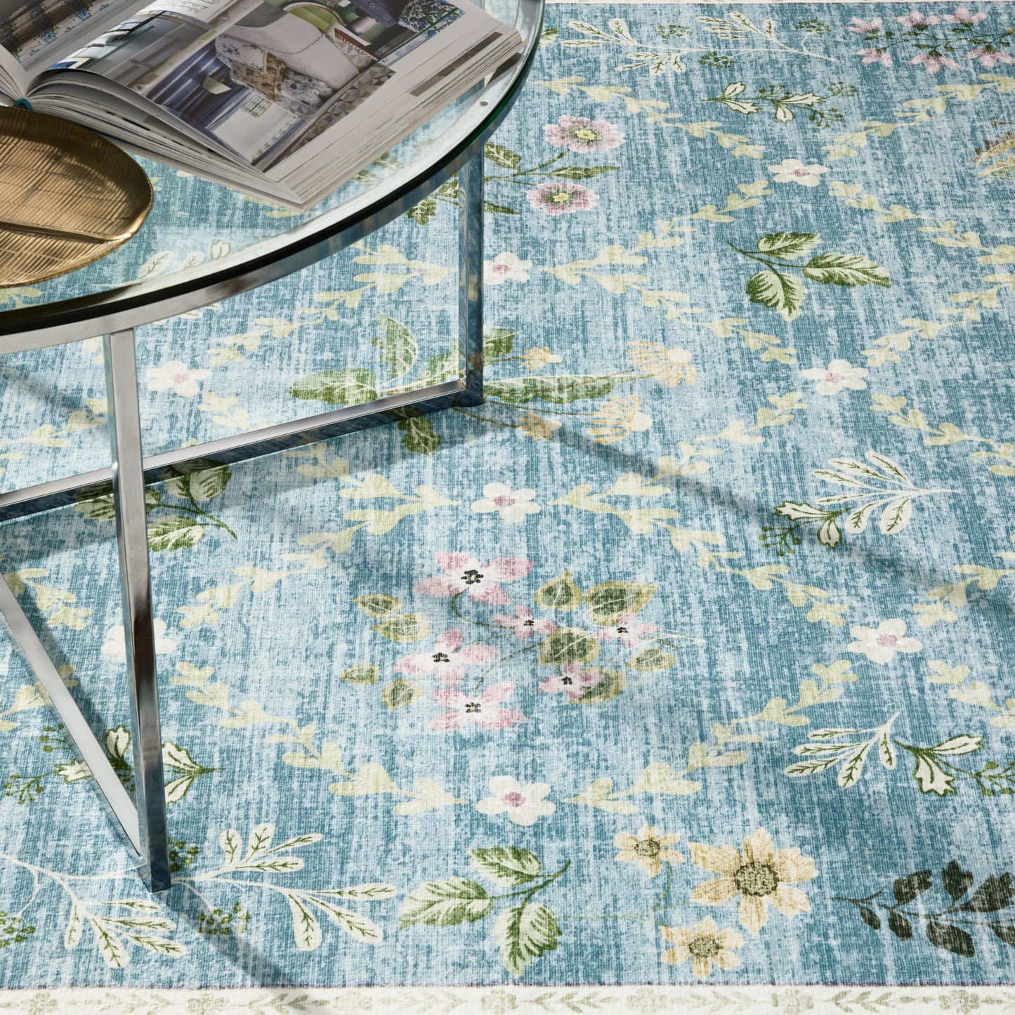 EVERWASH Haven Floral Trellis Machine Washable Area Rug with Airflo Technology for Easy Clean, Ultra-Soft Non-Slip Rug with Built-in Pad, Pet, Family & Allergy Friendly, Blue, 2'6"x7'