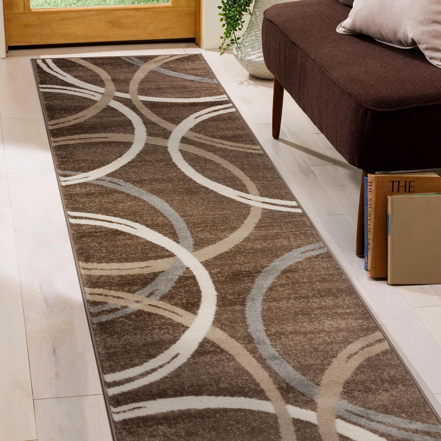 Rugshop Modern Wavy Circles Design Runner Rug, Carpet with Jute Backing for Hallway, Entryway, or Kitchen, Brown, 2' x 7'2"