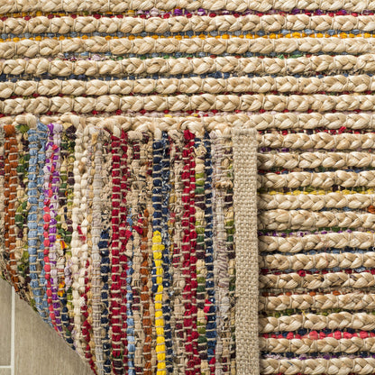 SAFAVIEH Cape Cod Collection Area Rug - 6' Square, Natural & Multi, Handmade Boho Braided Stripe Jute, Ideal for High Traffic Areas in Living Room, Bedroom (CAP307B)