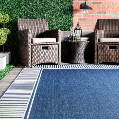 Nuloom Asha Navy/Ivory, 8' x 10', Casual, Striped Border, Soft and Cozy, High Traffic, Easy Clean, Durable Area Rug for Indoor/Outdoor Patio, Deck, Porch, Garden, Courtyard