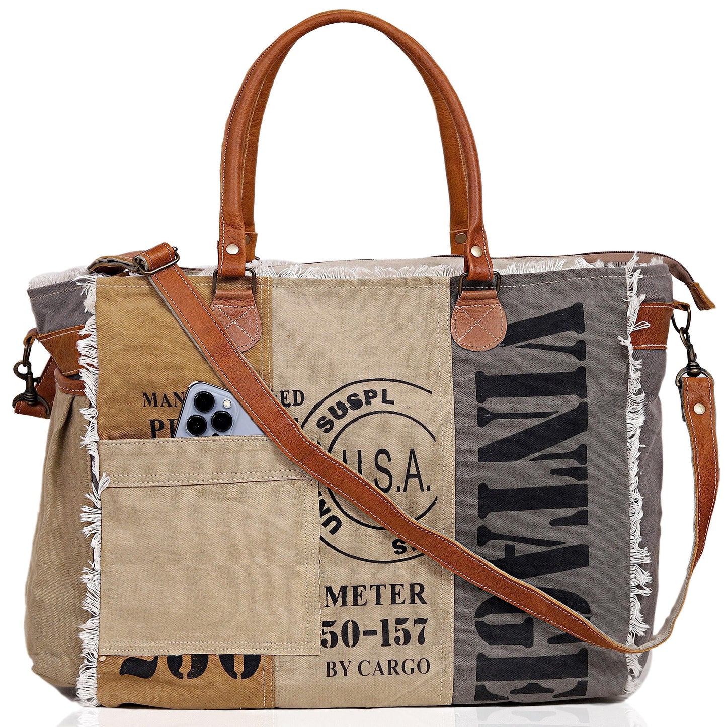 CLA Bags SEL de MER Large Upcycled Canvas & Cowhide Leather Crossbody Tote Handbag for Women (Cream & Grey Color)