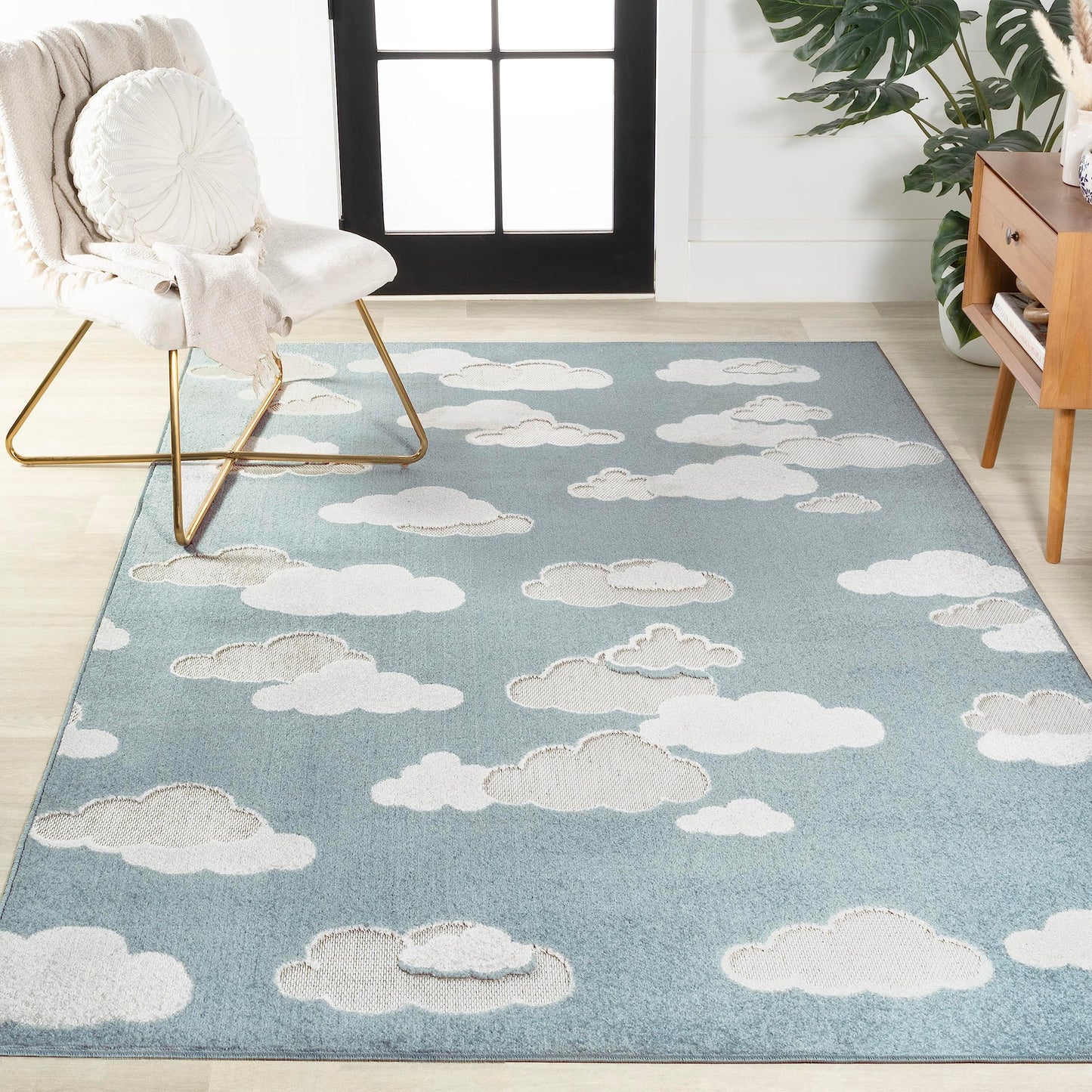 Eyely High-Low Cloud Scandi Area Rug 4 X 6 Blue/Ivory, Indoor Outdoor Rug