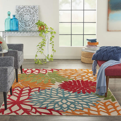 Nourison Home Aloha Indoor/Outdoor Green 5'3" x 7'5" Area Rug, Tropical, Botanical, Easy Clean, Non Shedding, Bed Room, Living Room, Dining Room, Deck, Backyard, Patio (5x7)