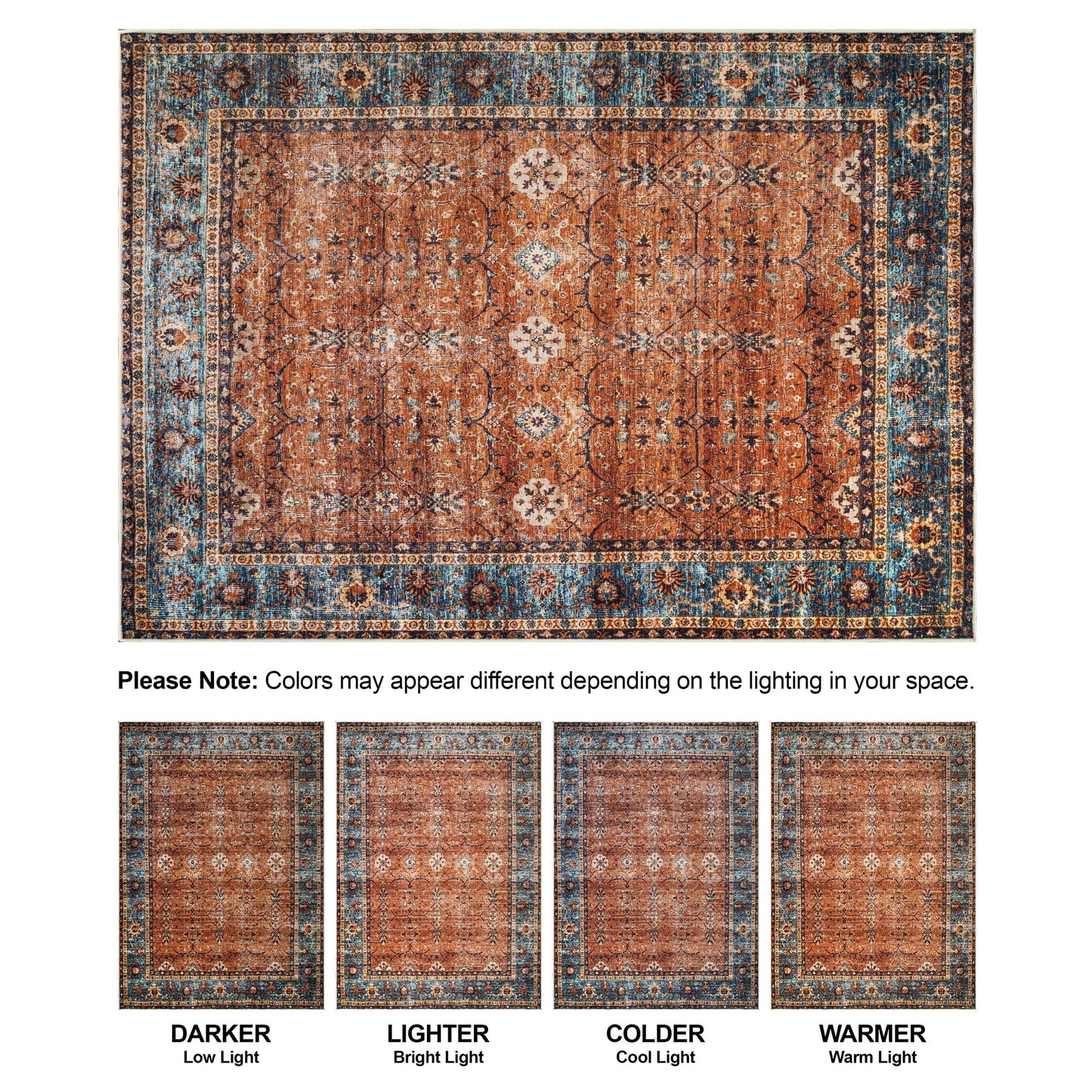 Bloom Rugs Washable Non-Slip 5' x 7' Rug - Orange/Teal Blue Traditional Bordered Area Rug for Living Room, Bedroom, Dining Room, and Kitchen - Exact Size: 5' x 7'
