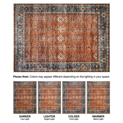 Bloom Rugs Washable Non-Slip 5' x 7' Rug - Orange/Teal Blue Traditional Bordered Area Rug for Living Room, Bedroom, Dining Room, and Kitchen - Exact Size: 5' x 7'