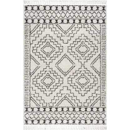 Nuloom Vasiliki Off-White/Charcoal, 7'10" x 10', Moroccan Shag, Tassel, Soft and Plush, High Traffic, Stain Resistant, Easy Clean, Durable Area Rug for Bedroom, Living Room, Dining Space, Den, Foyer
