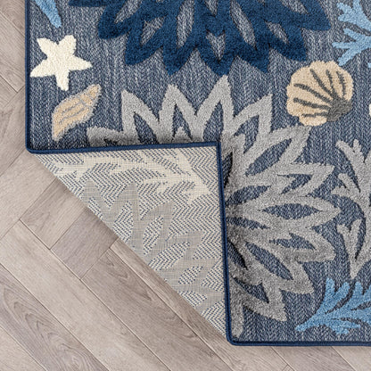Rugshop Indoor/Outdoor High-Low Textured Area Rug, Coastal Floral, Easy-Clean Patio Rug for Porch Deck Balcony 5' x 7' Navy