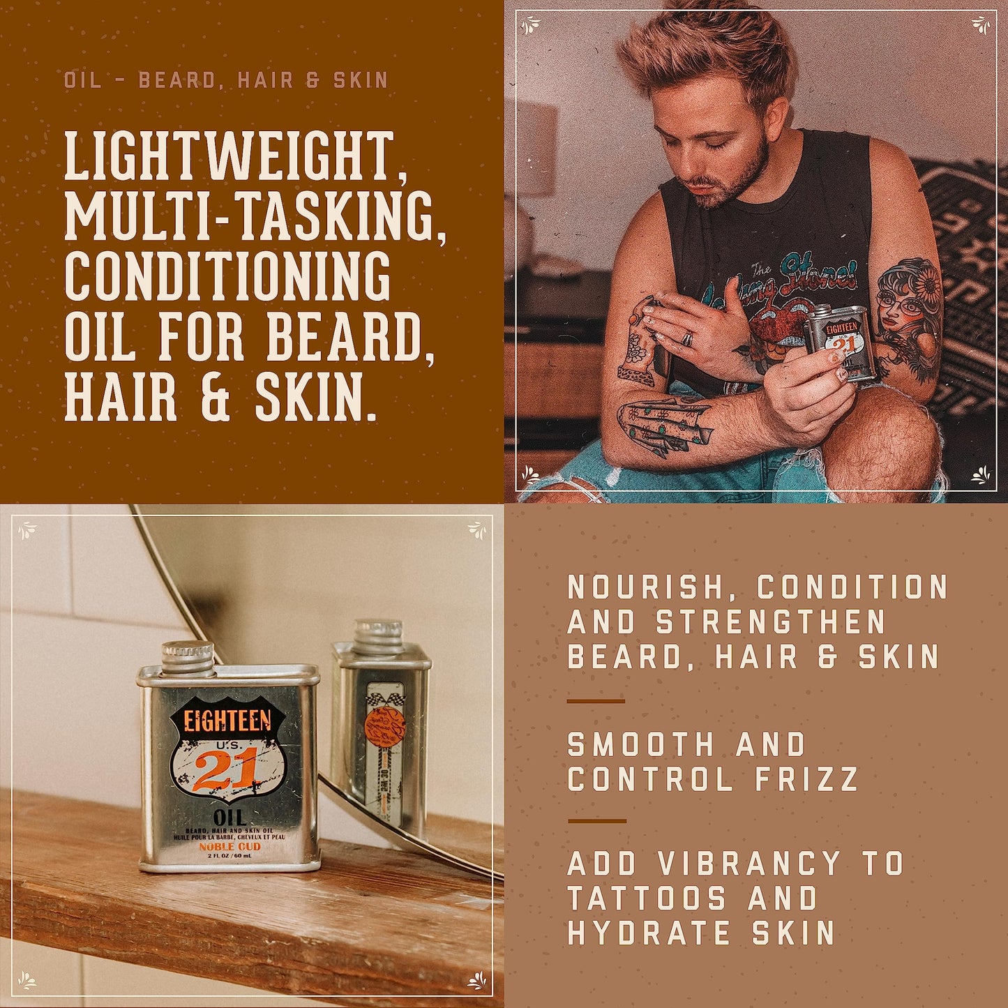 18.21 Man Made Hair, Skin & Beard Oil for Men, 4 Scents - Non-Greasy, Conditioning Balm with Castor Seed, Jojoba, and Argan Oils - Premium Tattoo and Mustache Care Products