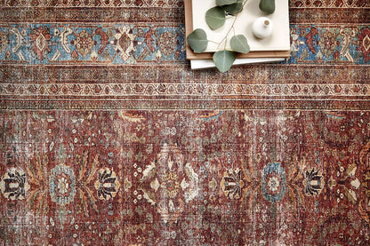 Loloi Layla Collection LAY-01 Brick/Blue 7'-6" x 9'-6" .13" Thick Area Rug, Soft, Durable, Vintage Inspired, Distressed, Low Pile, Non-Shedding, Easy Clean, Printed, Living Room Rug