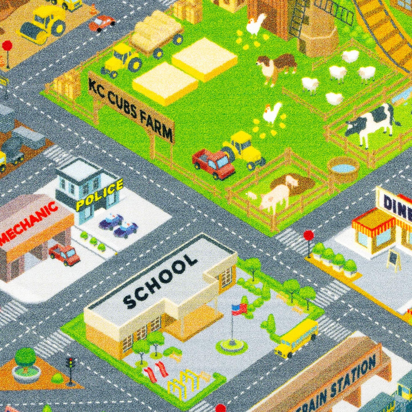 KC Cubs 5x7 Country Farm Construction Car Road Street Rug – Educational Carpet Play Mat for Kids, Toddlers, Nursery, Classroom, Playroom, Baby Daycare