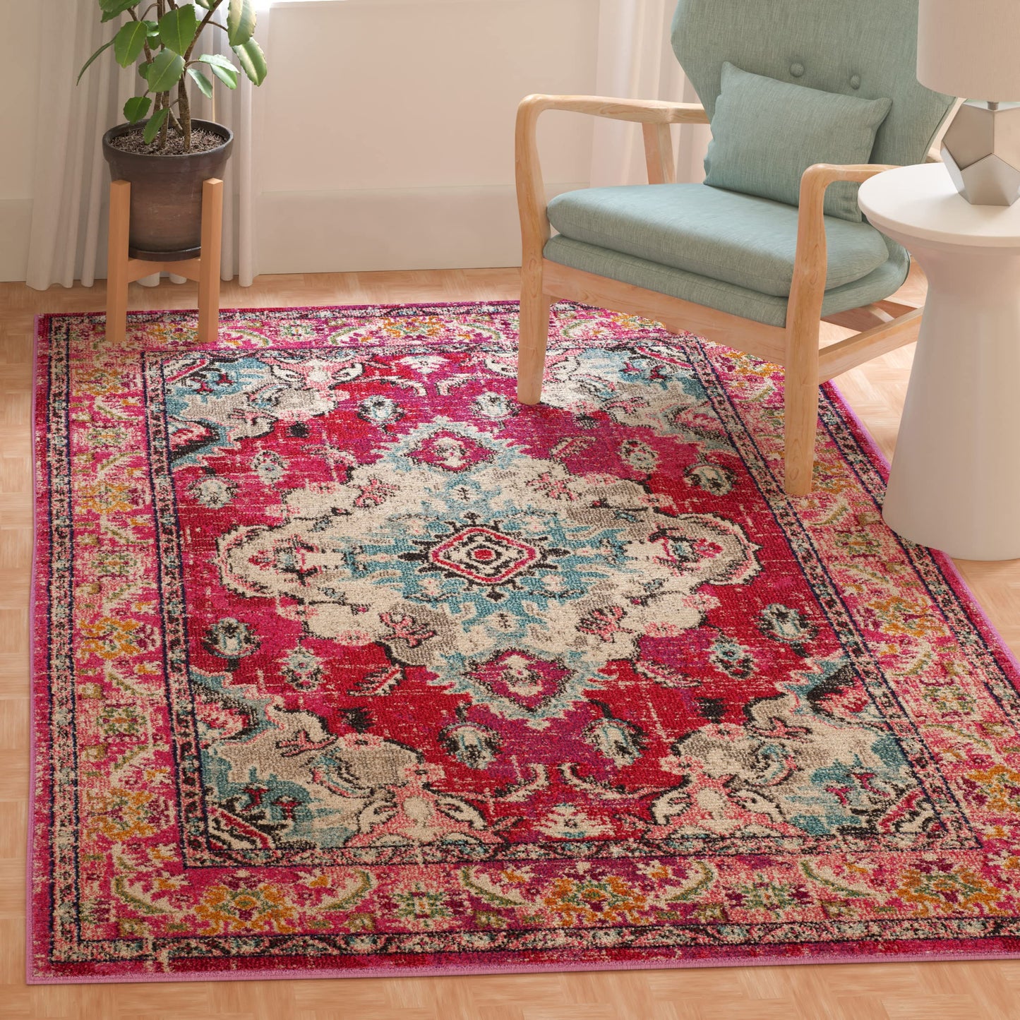 SAFAVIEH Monaco Collection Area Rug - 5' Square, Pink & Multi, Non-Shedding & Easy to Clean, Distressed Medallion Design, Ideal for Living Room, Bedroom, Dining Space (MNC243D)