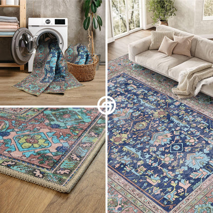 GIONARA Navy Blue Oushak Large Area Rug 8x10 - Washable Boho Rug Vintage Turkish Non-Slip Carpet Non-Shedding Extra Large Area Rugs for Living Room, Dining, Bedroom, Lounge, Farmhouse