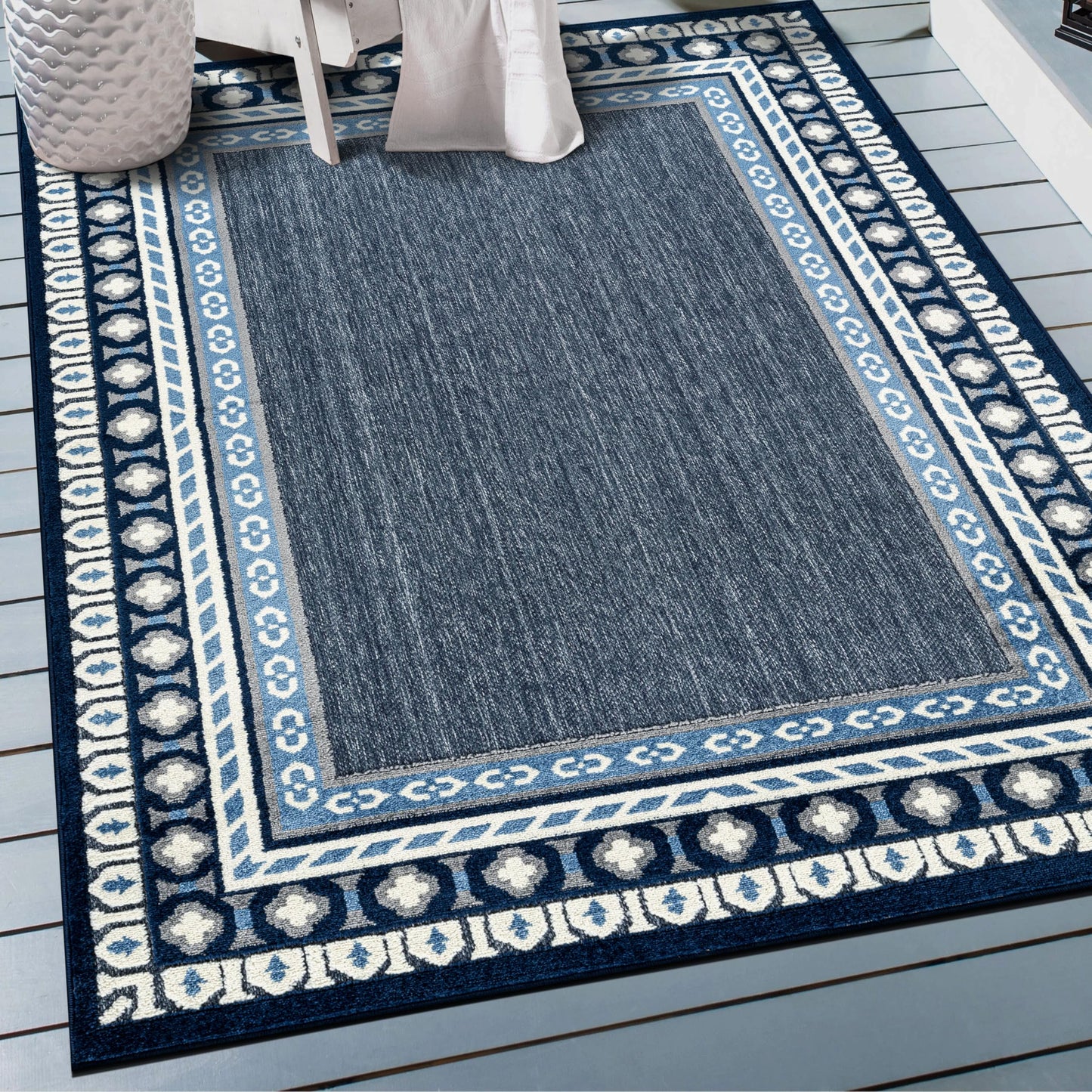 Rugshop Indoor/Outdoor High-Low Textured Area Rug, Coastal Border, Easy-Clean Patio Rug for Porch Deck Balcony 4' x 6' Navy
