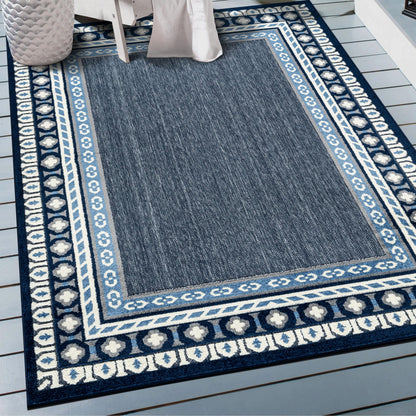 Rugshop Indoor/Outdoor High-Low Textured Area Rug, Coastal Border, Easy-Clean Patio Rug for Porch Deck Balcony 4' x 6' Navy