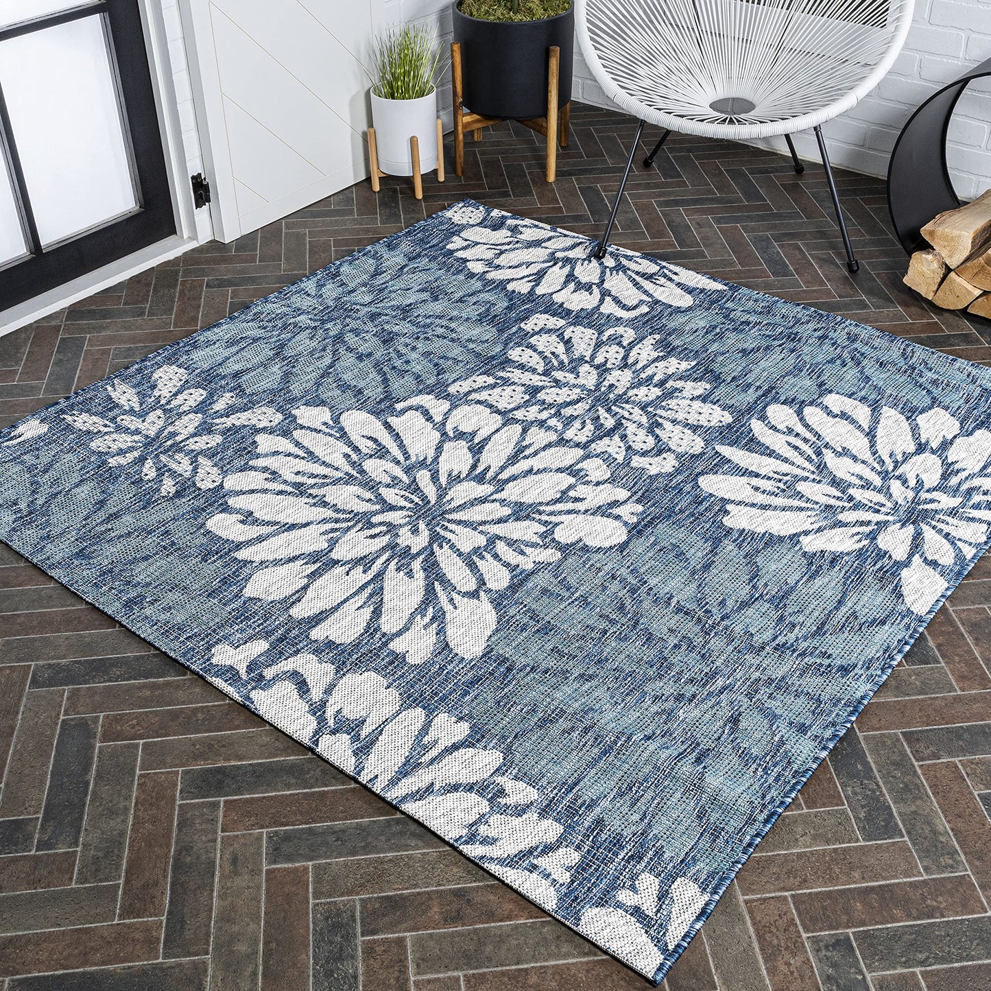 JONATHAN Y Floral Textured Weave Indoor Outdoor Square Area Rug 6X6 Navy/Aqua, Zinnia Modern for Backyard, Patio, Porch, Easy-Cleaning, High Traffic, Pet-Friendly, Non-Shedding (SMB110C-6SQ)