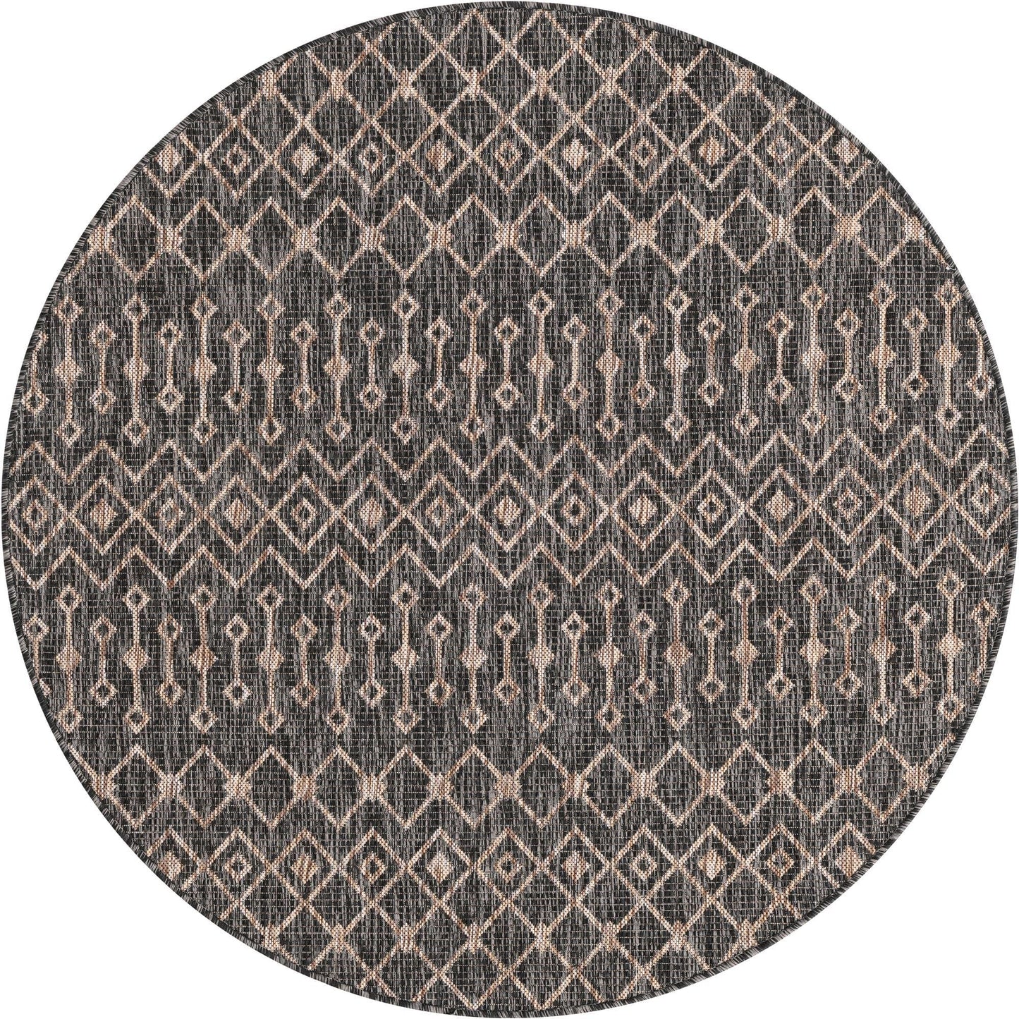 Unique Loom Outdoor Trellis Collection Area Rug - Tribal Trellis (5' 3" Round, Charcoal Gray/ Natural)