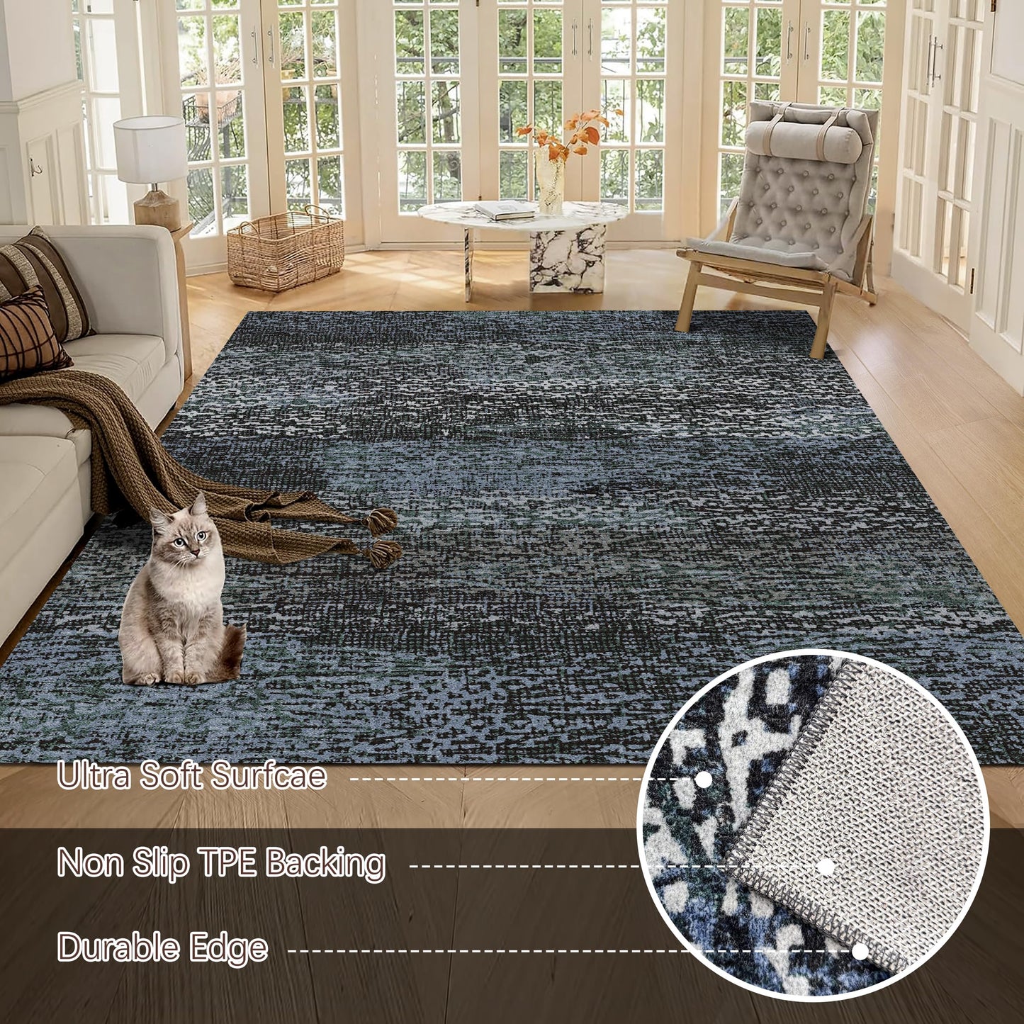 RUGSURE Washable Area Rug - 1/6 Thick - Stain & Water Resistant Non-Slip - Resistant Rug for Living Room, Bedroom, Nursery, Pet & Child Friendly, Vintage Charm Area Rugs (Darkgrey+Bule, 5' x 7')