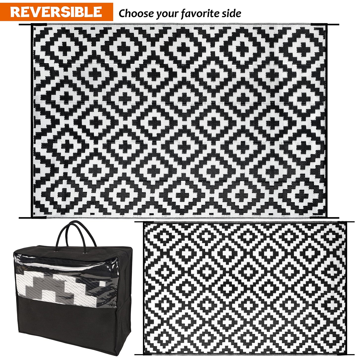 SAND MINE Waterproof Outdoor Rug 6x9 ft, Reversible Mats, Modern Area Rug, Large Floor Mat and Rug for Outdoors, RV, Patio, Backyard, Deck, Picnic, Beach, Trailer, Camping, Black & White Lattice