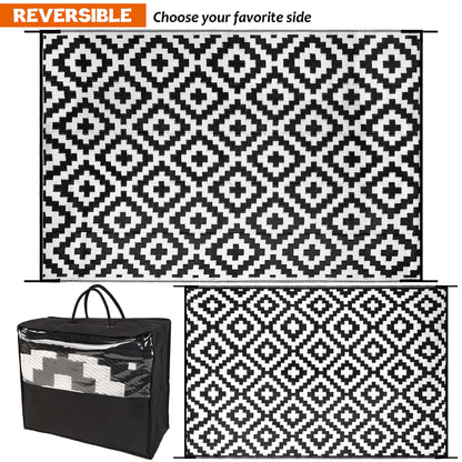SAND MINE Waterproof Outdoor Rug 6x9 ft, Reversible Mats, Modern Area Rug, Large Floor Mat and Rug for Outdoors, RV, Patio, Backyard, Deck, Picnic, Beach, Trailer, Camping, Black & White Lattice