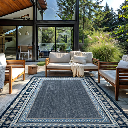 Rugshop Indoor/Outdoor High-Low Textured Area Rug, Coastal Border, Easy-Clean Patio Rug for Porch Deck Balcony 7' 10" x 10' Navy