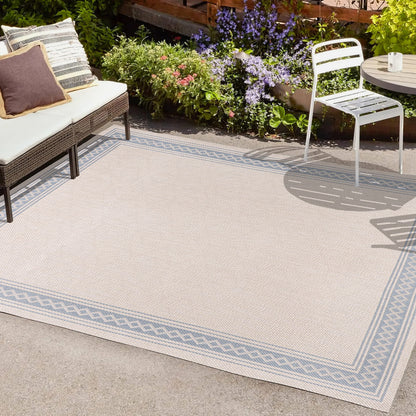 JONATHAN Y Diamond Border Indoor Outdoor Area Rug 3X5 Cream/Blue, Lucia Classic for Backyard, Patio, Porch, Easy-Cleaning, High Traffic, Pet-Friendly, Non-Shedding (SMB207A-3)
