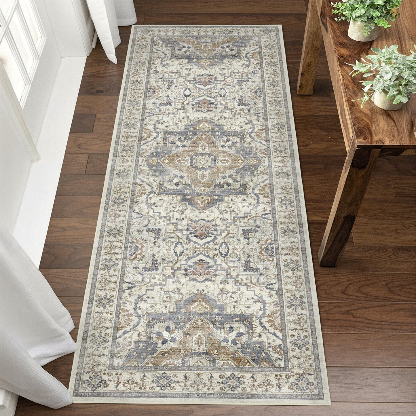 EiniHliw 2x6 Washable Kitchen Runner Rug, Non Slip Vintage Runner Rugs for Hallway, Ultra-Thin Low Pile Distressed Kitchen Rugs Non Skid, Machine Washable Laundry Entryway Indoor Carpet,Beige/Blue