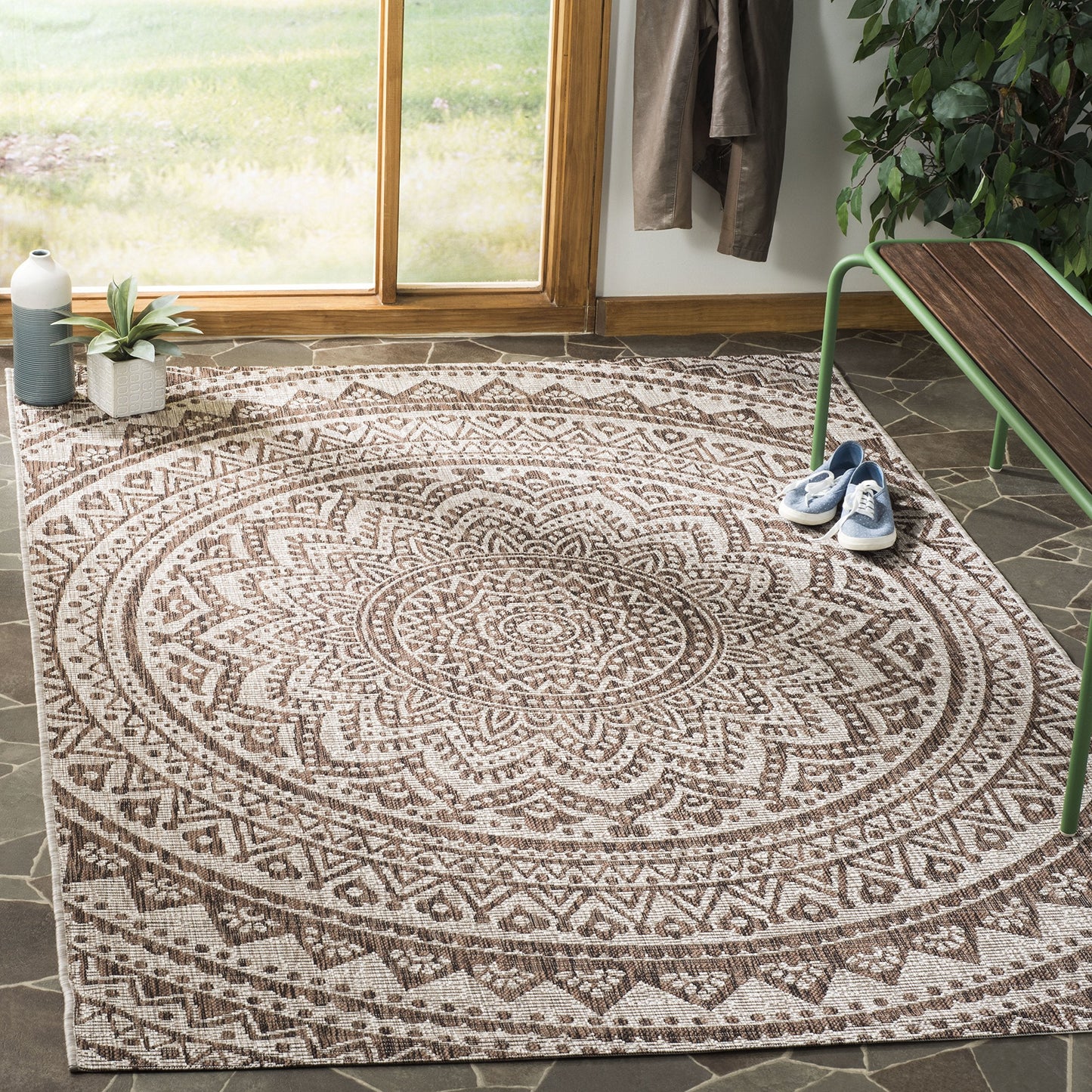 SAFAVIEH Washable Rug Outdoor Courtyard Collection - 5'3" x 7'7", Light Beige & Light Brown, Non-Shedding & Easy Cleaning, Ideal for Patio, Backyard, Mudroom (CY8736-36312)