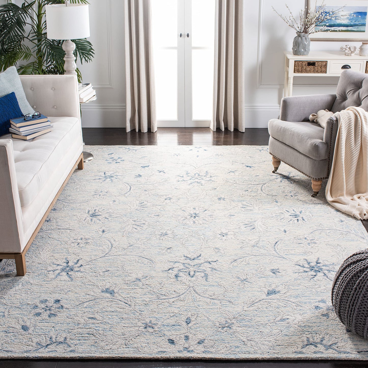 SAFAVIEH Area Rug 8x10 - Micro-Loop Collection - Large - Light Blue & Ivory, Handmade Wool, Country Cottage Design, Ideal for Living Room, Bedroom, Office, Dining Space (MLP506M)