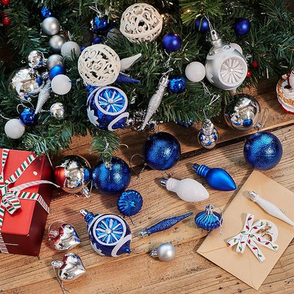 Joiedomi 70Pcs Assorted Christmas Ornaments Set with Ball Ornaments, Star Topper and Heart, Hanging Shatterproof Christmas Ornaments for Holidays and Xmas Tree Ornaments (Blue, Silver&White)