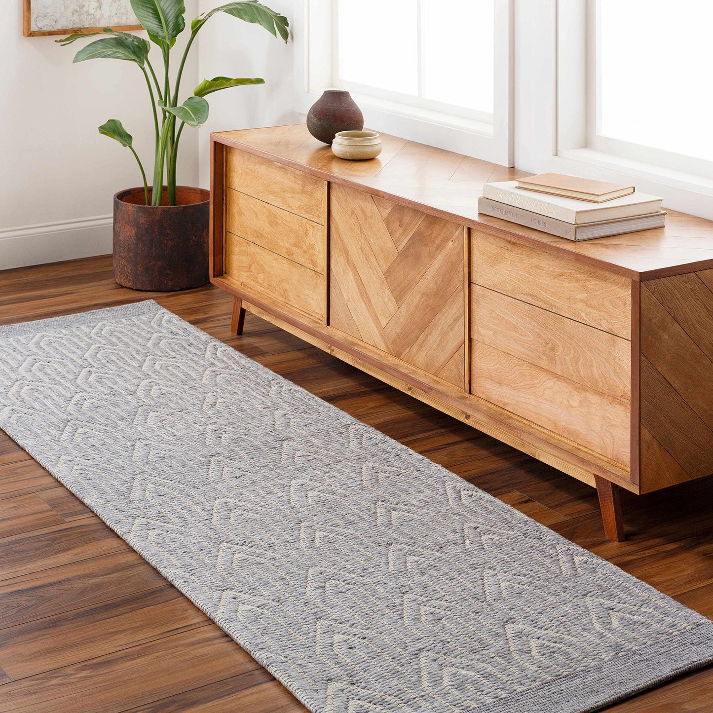 Hauteloom Peri Recycled Material Area Rug - Geometric Abstract Border Scalloped Diamond - Contemporary Modern Minimalist Transitional Scandinavian - Gray, Cream, Black, Beige, Charcoal - 2' x 3'