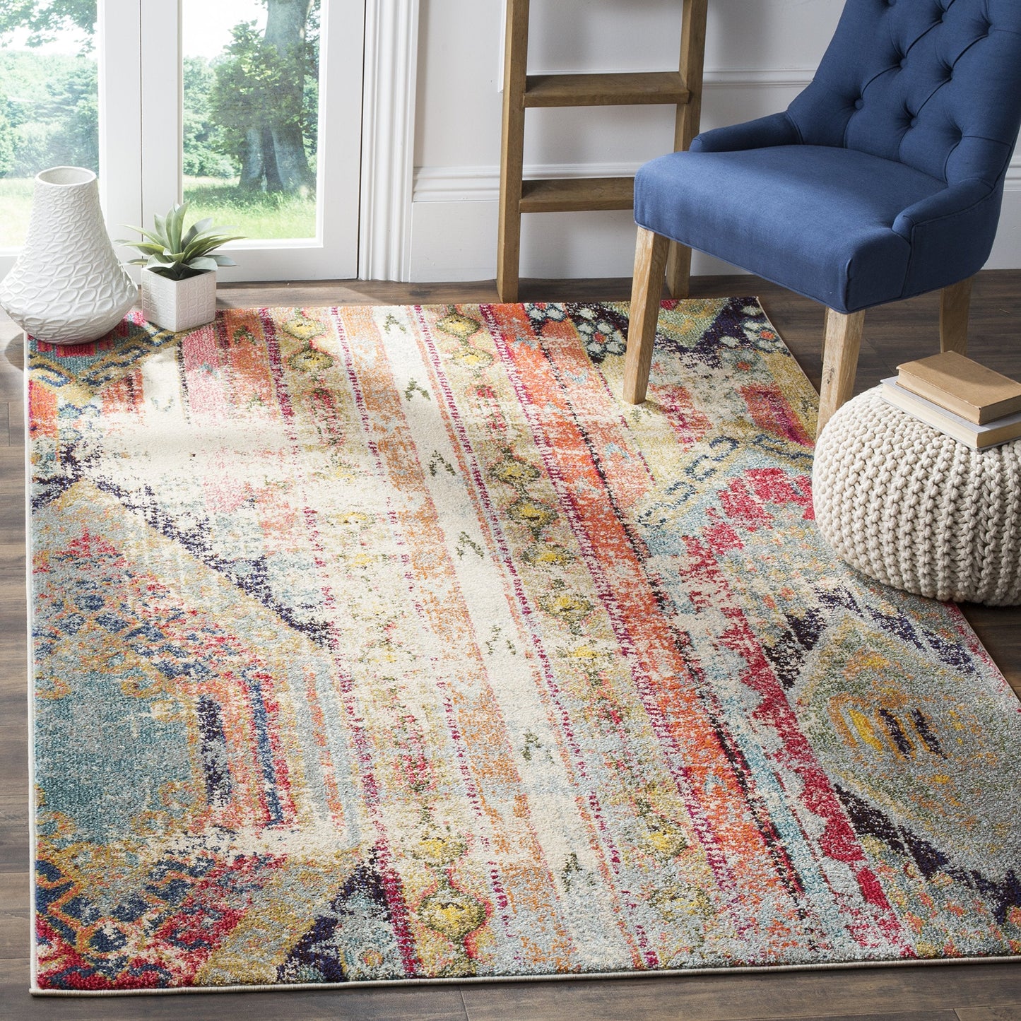 SAFAVIEH Monaco Collection Accent Rug - 4' x 5'7", Multi, Boho Chic Tribal Distressed Design, Non-Shedding & Easy Care, Ideal for High Traffic Areas in Entryway, Living Room, Bedroom (MNC222F)