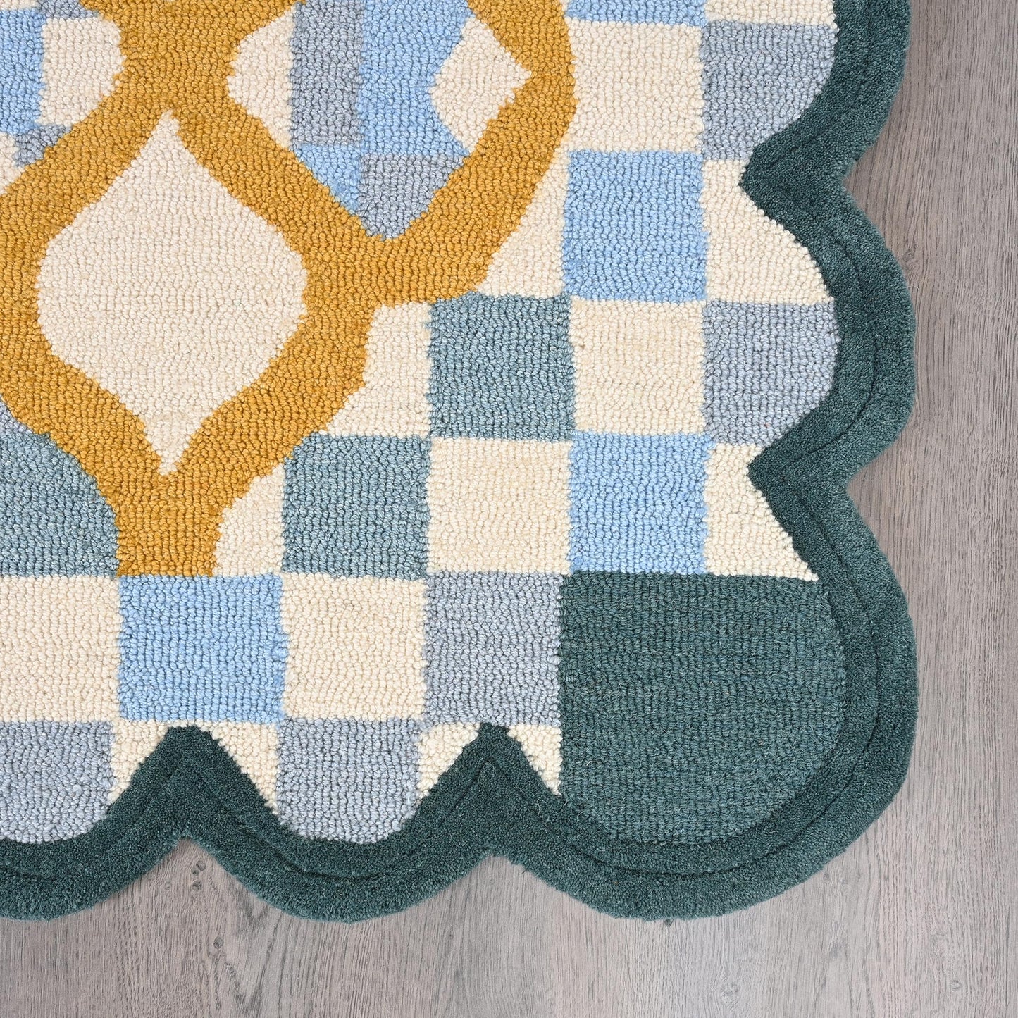 Hand-Tufted Wool Rug with Scalloped Edges | Checkered Light Blue Plaid Pattern Yellow Motif | Cozy Soft Area Rugs Carpet for Living Room, Bedroom, Nursery (Light Blue, Mustard Yellow, 6' x 9')