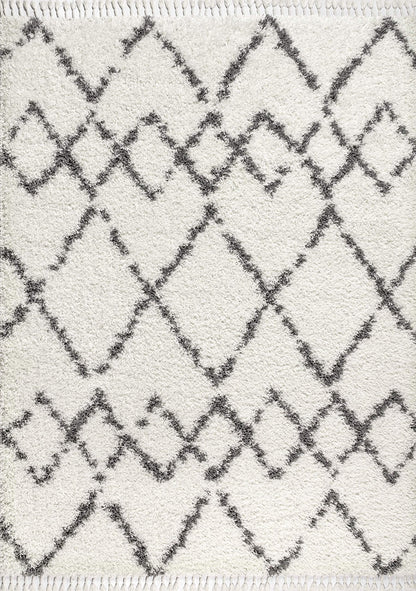 JONATHAN Y Mercer Shag Plush Tassel Ivory/Gray Indoor Area Rug, 8x10, Moroccan Geometric Trellis, Contemporary, Easy-Cleaning for Living Room, Bedroom, Kitchen, Pet Friendly, Non-Shedding (MCR102B-8)