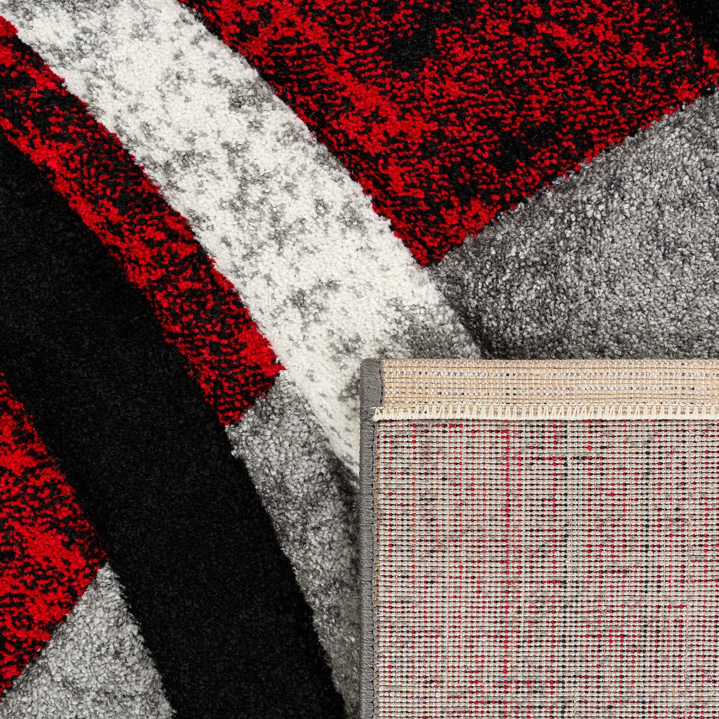 Paco Home Designer Rug with Contour Cut Striped Model in Grey Black and Red Mixture, Size: 5'3'' x 7'7''