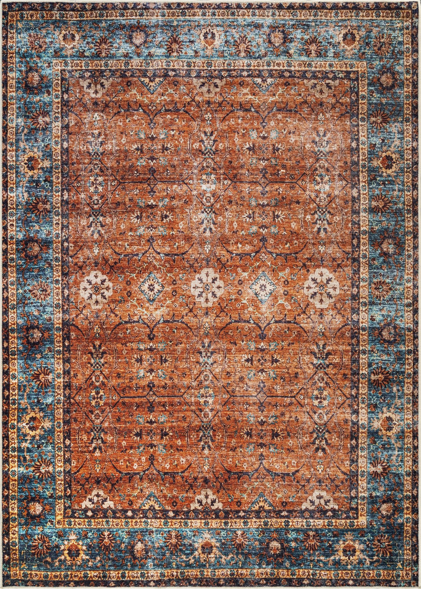 Bloom Rugs Washable Non-Slip 5' x 7' Rug - Orange/Teal Blue Traditional Bordered Area Rug for Living Room, Bedroom, Dining Room, and Kitchen - Exact Size: 5' x 7'