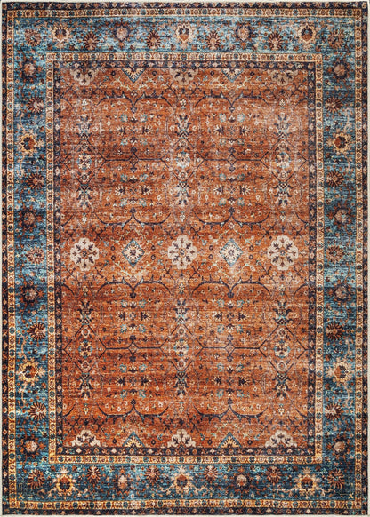Bloom Rugs Washable Non-Slip 5' x 7' Rug - Orange/Teal Blue Traditional Bordered Area Rug for Living Room, Bedroom, Dining Room, and Kitchen - Exact Size: 5' x 7'
